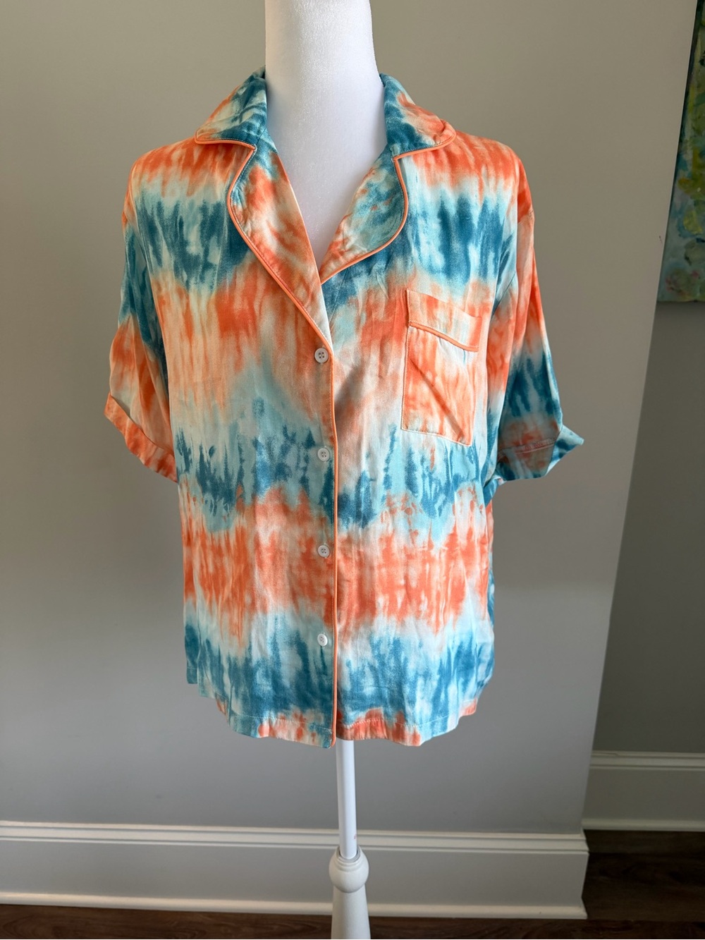 Tie-Dye Button-Up Shirt in Orange & Teal